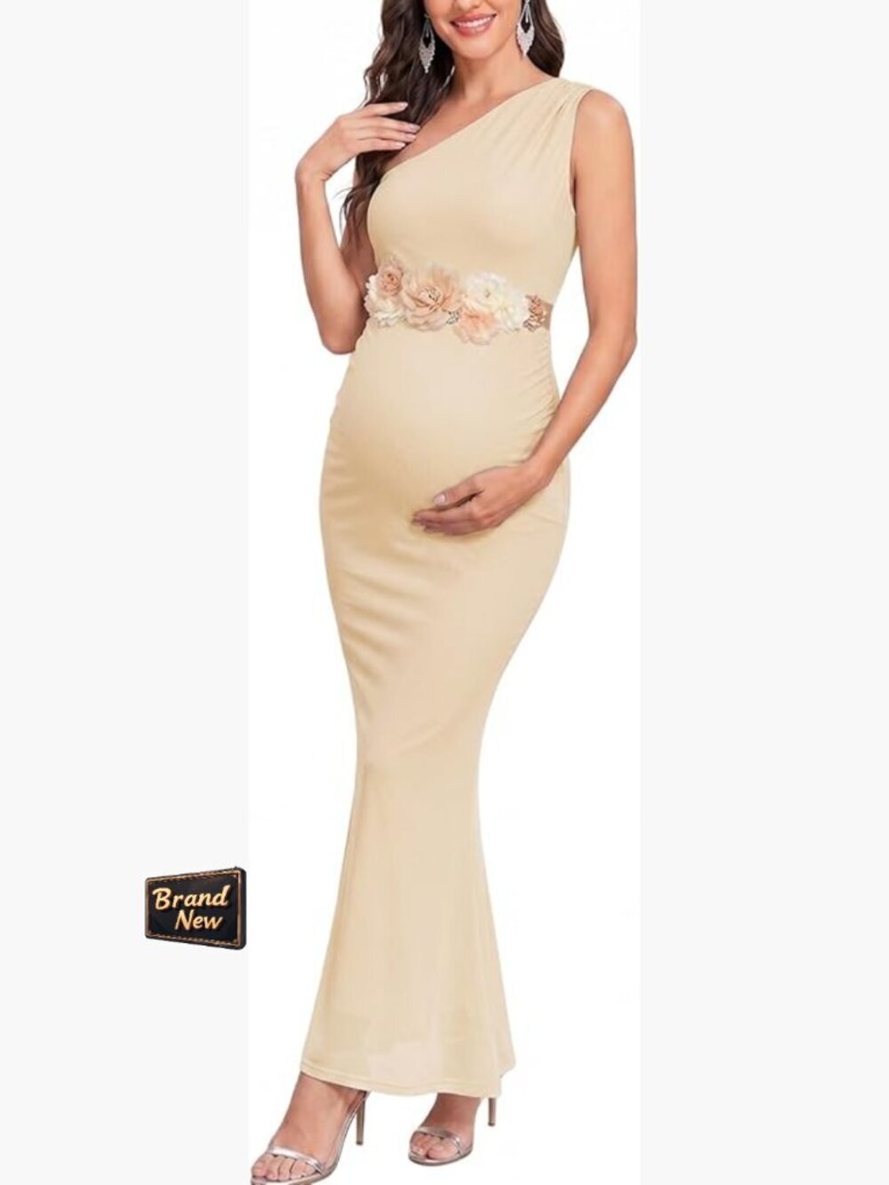 One Shoulder Maternity Mermaid Dress Mesh Ruched Bodycon Maxi Gown Photoshoot
